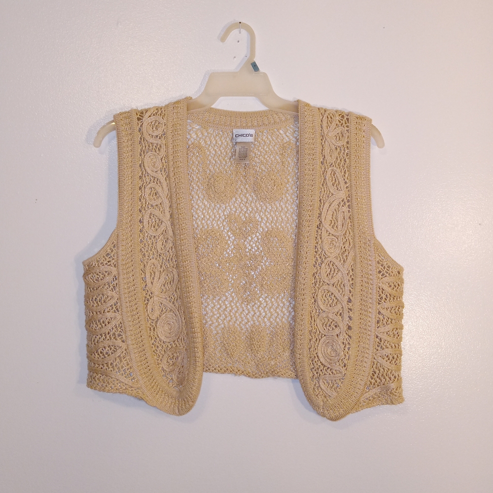 Chico's Tan Open-Front Crochet Vest